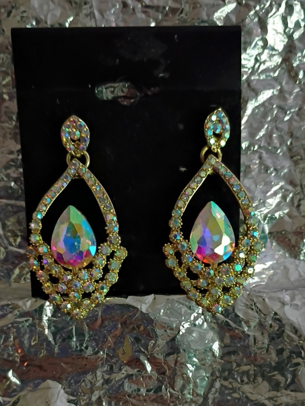 Gold Teardrop Aurora Crystal Dangle Earrings - Women Jewelry